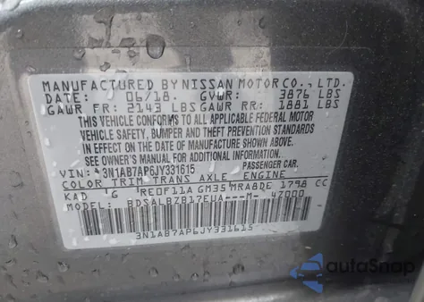 2018 Nissan Sentra S z USA, uszkodzony, nr VIN 3N1AB7AP6JY331615